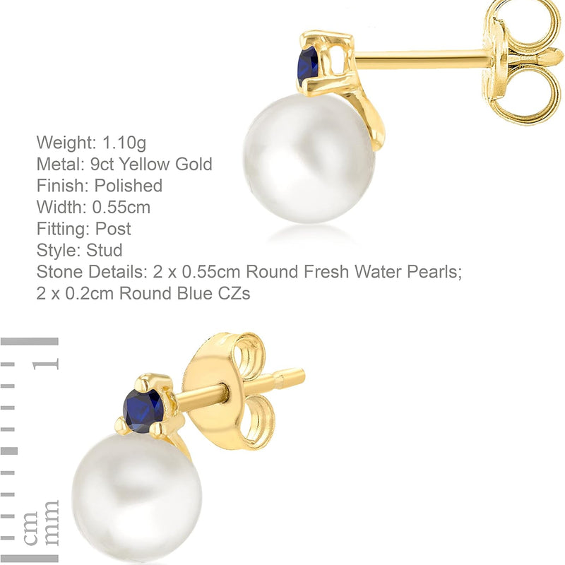 CARISSIMA- Boucles d'Oreilles Or Jaune 9k 2mm Oxyde de Zirconium Perle 6mm Femme