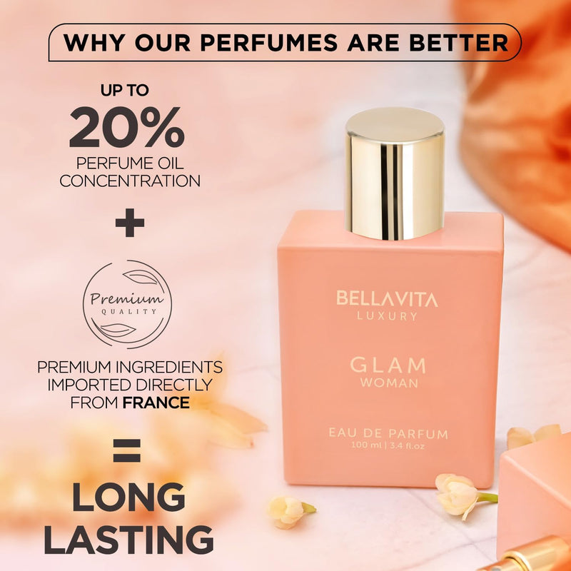 Bellavita Luxury GLAM Perfume for women | Notes of African Orange, Jasmine & Patchouli | Long-Lasting Floral & Woody Fragrance | Premium Perfume Oil imported from France, 100ml