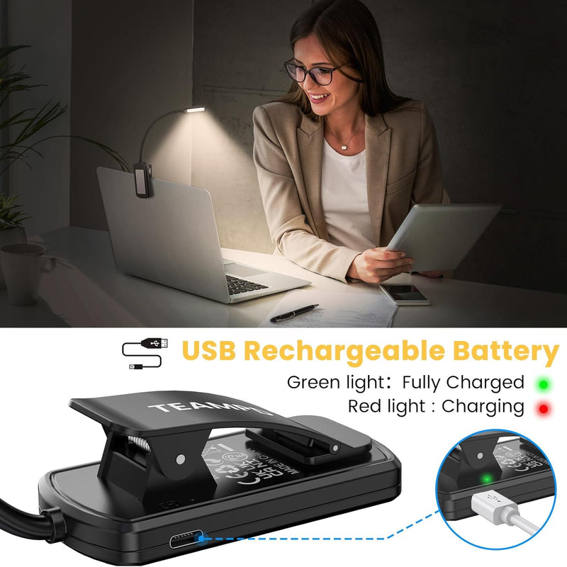 TEAMPD Lampe de Lecture,10 LEDs Liseuse Lampe Clip USB Rechargeable, 360°Cou Flexible, 3 Couleur & 100%-10% à Intensité Variable, Mini Veilleuse pour Lire au Lit,Enfant,Kindle,Voyage,Camping