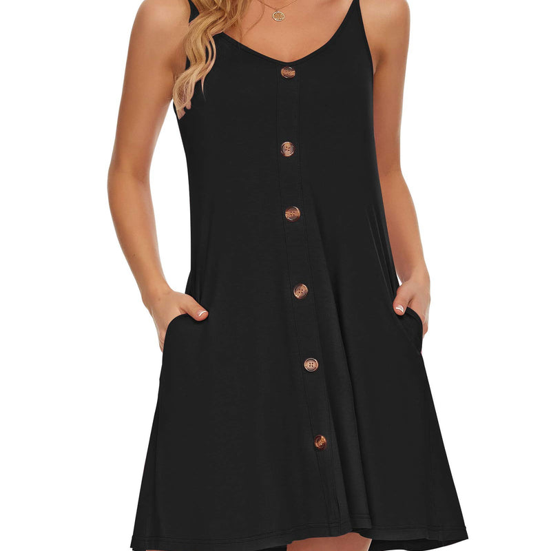 WNEEDU Robe D'été Femme Bretelles Spaghetti de Plage Robes Décontractée Courte Col en V avec Poches