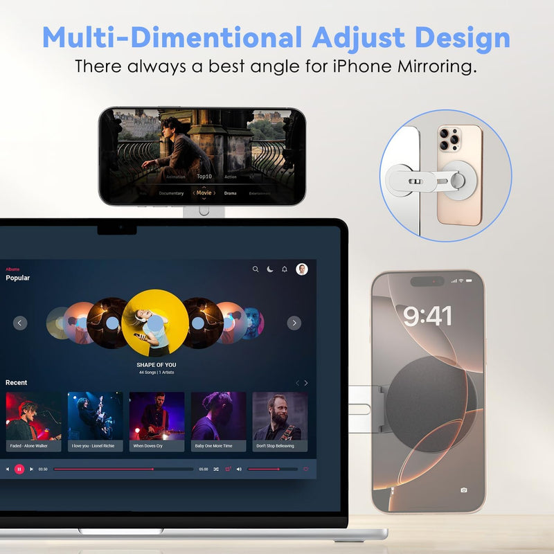 CloudValley Support Téléphone Magnétique pour Ordinateur Portable, Caméra de Continuité 3D Réglable pour iPhone Mag et Tous Les Téléphones, Holder Oliable pour Tesla, PC et Moniteur de Gym, Argent