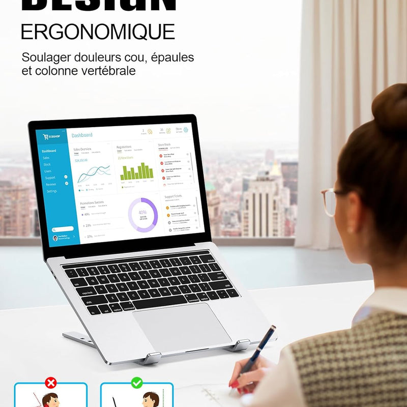 Babacom Support Ordinateur Portable, Support PC Portable à 5 Niveaux Réglables, Refroidisseur en Aluminium Ventilé Compatible avec MacBook, Lenovo, Autres Laptops Tablettes 10