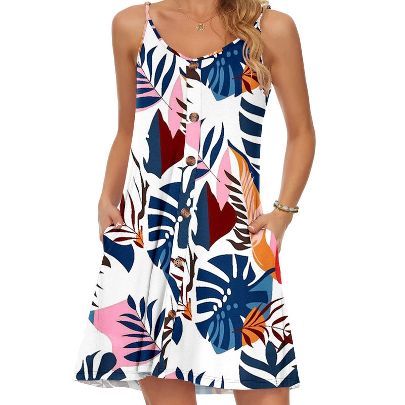 WNEEDU Robe D'été Femme Bretelles Spaghetti de Plage Robes Décontractée Courte Col en V avec Poches