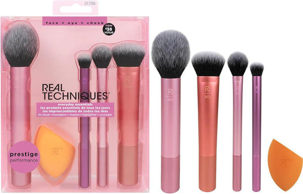 REAL TECHNIQUES,5 Count (Pack of 1) Everyday Essentials Makeup Brush Complete Face Set (Miracle Complexion Sponge, Expert Face, Blush, Setting and Deluxe Crease Brushes)