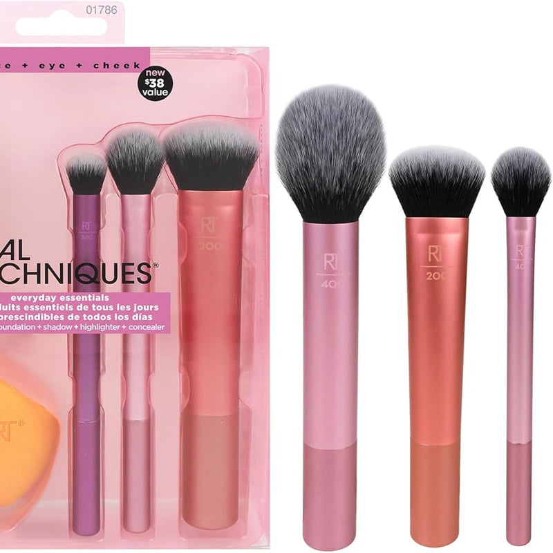 REAL TECHNIQUES,5 Count (Pack of 1) Everyday Essentials Makeup Brush Complete Face Set (Miracle Complexion Sponge, Expert Face, Blush, Setting and Deluxe Crease Brushes)