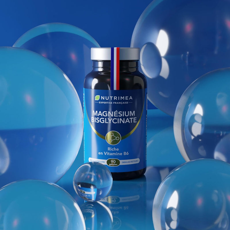 Magnésium Bisglycinate + Vitamine B6 - Sommeil, Stress, Fatigue - Absorption Maximale & Assimilation Facilitée - 90 Gélules Vegan - Nutrimea - Fabriqué en France