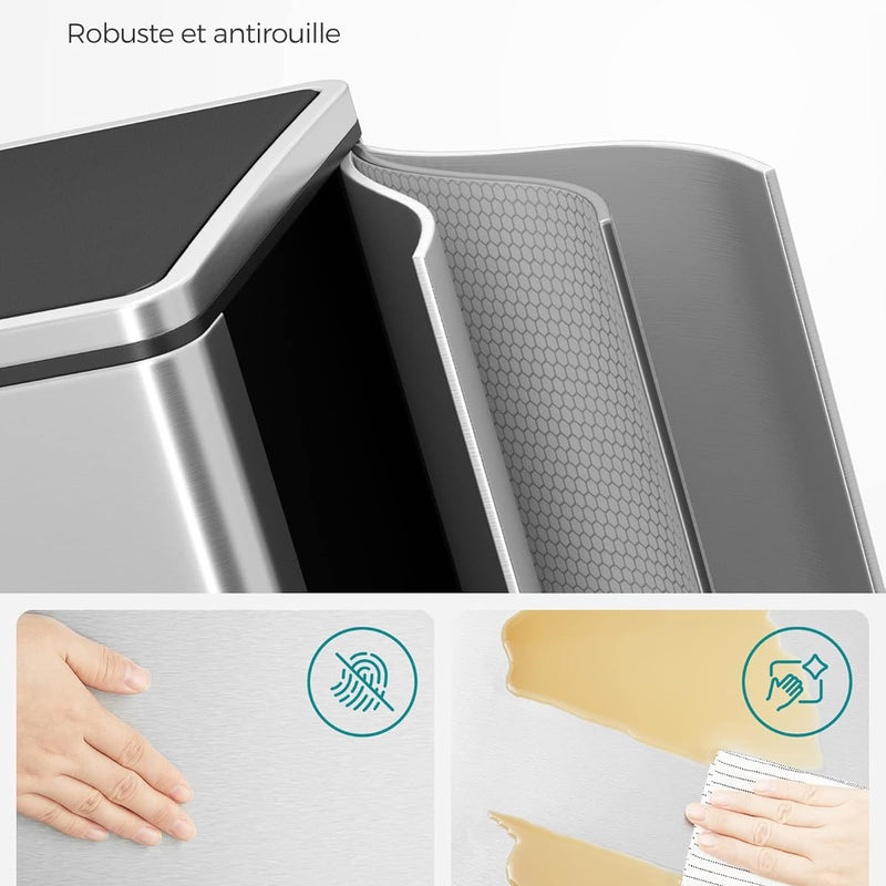 SONGMICS Poubelle à Double Compartiment 2 x 30L, avec 15 Sacs Poubelles, Pédales en Métal, 2 Seaux Intérieurs en Plastique, Couvercles, Poignées, Fermeture en Douceur, Argent et Noir LTB60NL