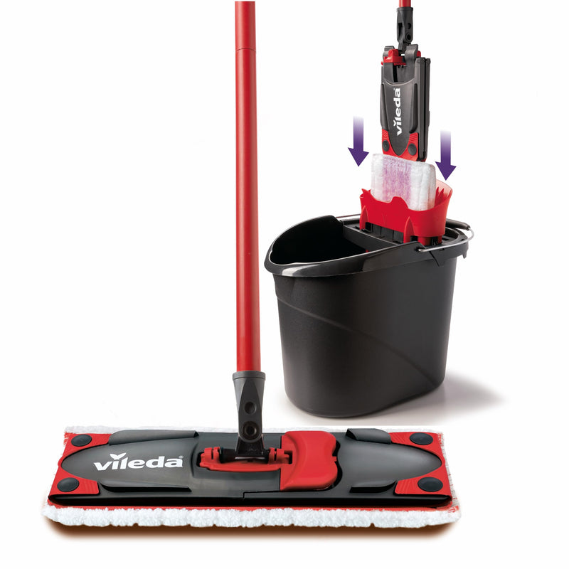 Vileda Utramax Complete Mop and Bucket Set with Mop and Wringer Set with Bucket and Microfibre Cover, Removes Over 99% of Bacteria with Water, Vileda Love It Clean