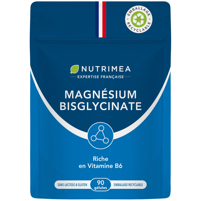 Magnésium Bisglycinate + Vitamine B6 - Sommeil, Stress, Fatigue - Absorption Maximale & Assimilation Facilitée - 90 Gélules Vegan - Nutrimea - Fabriqué en France