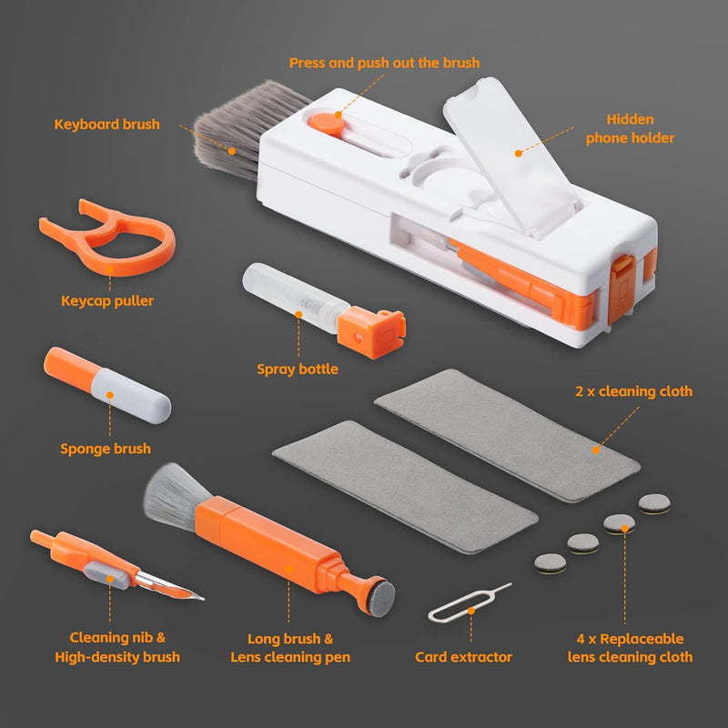 Alyvisun Keyboard Cleaning Kit, 11 in 1 Multifunctional PC Keyboard Cleaner, Keyboard Cleaner Tool Brush, for Tablets, Phones, Computers, Headphones, Orange