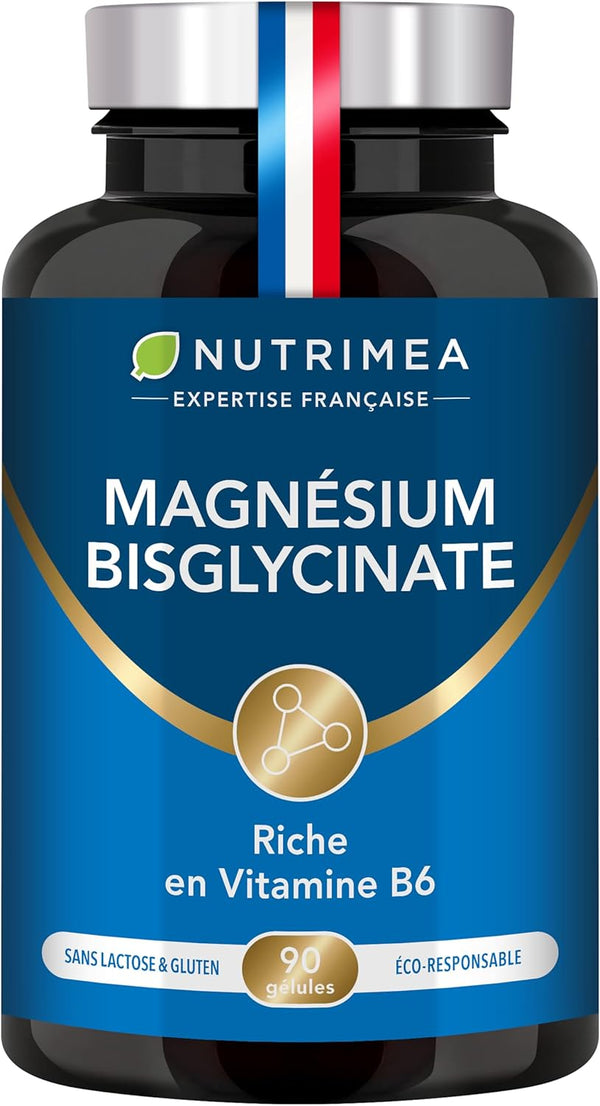 Magnésium Bisglycinate + Vitamine B6 - Sommeil, Stress, Fatigue - Absorption Maximale & Assimilation Facilitée - 90 Gélules Vegan - Nutrimea - Fabriqué en France