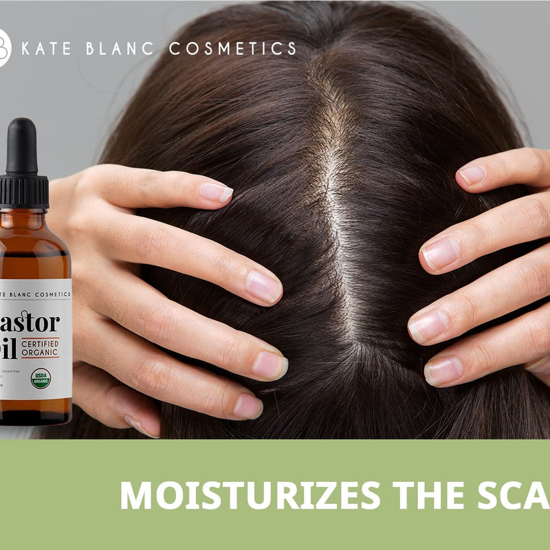 Kate Blanc Cosmetics Castor Oil Organic for Hair, Lashes, Face (2oz), 100% Pure, Cold Pressed, Hexane Free. Eyelash Serum for Thicker-Looking Eyelashes & Eyebrows