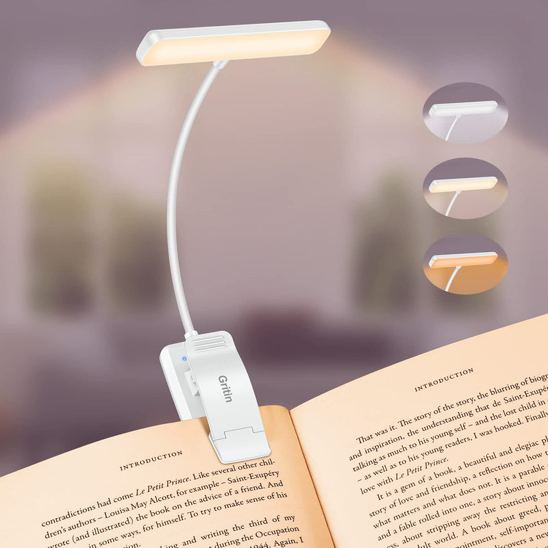Gritin Lampe de Lecture 19 LED, Liseuse Clip Rechargeable, Protection des Yeux, Gradation en Continu & 3 Couleurs (Ambre/Blanc/Mixte), 360° Cou Flexible, Longue Durée, Portable pour Lire au Lit