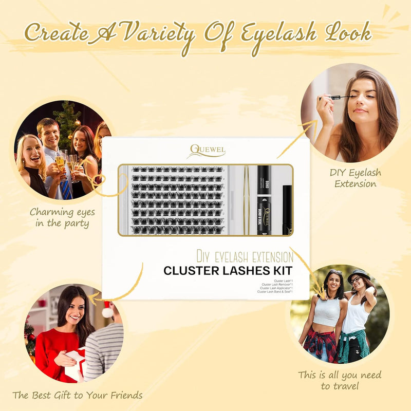 Individual-Lashes 144 Cluster-Lashes QUEWEL DIY Eyelash-Extensions-Kit, Clusters Eyelash Applicator, Cluster Lashes Bond and Seal Super Hold, Clusters Lash Glue Remover Easy to Remove(QU-RR-DH-01)