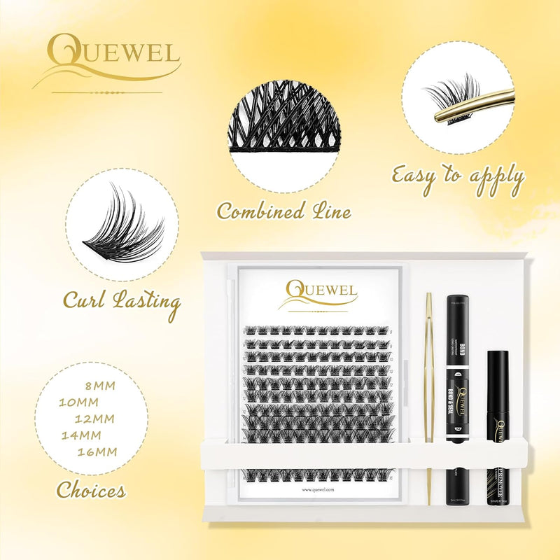 Individual-Lashes 144 Cluster-Lashes QUEWEL DIY Eyelash-Extensions-Kit, Clusters Eyelash Applicator, Cluster Lashes Bond and Seal Super Hold, Clusters Lash Glue Remover Easy to Remove(QU-RR-DH-01)