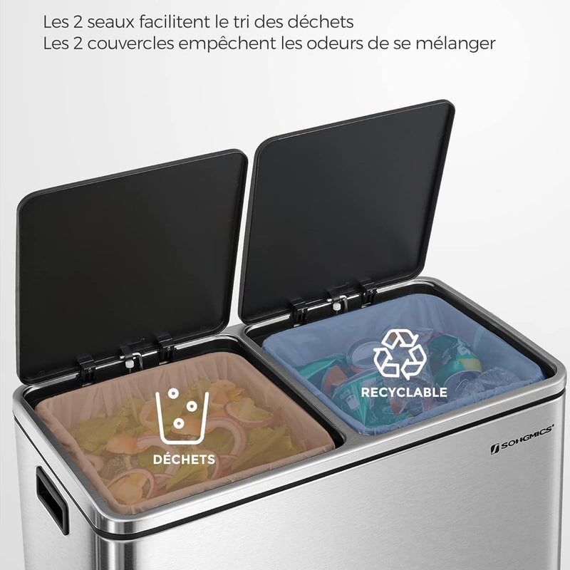 SONGMICS Poubelle à Double Compartiment 2 x 30L, avec 15 Sacs Poubelles, Pédales en Métal, 2 Seaux Intérieurs en Plastique, Couvercles, Poignées, Fermeture en Douceur, Argent et Noir LTB60NL