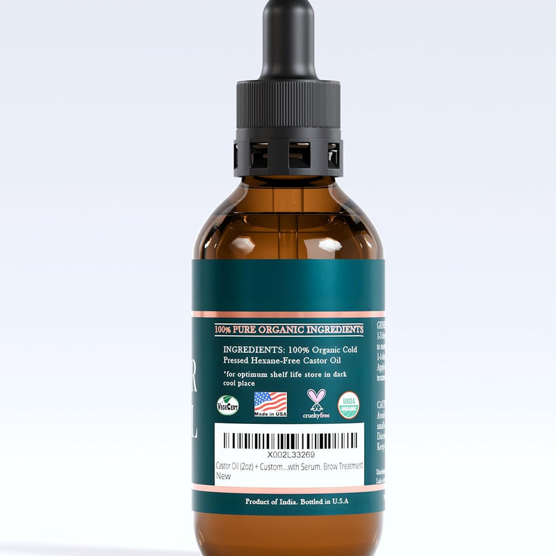 Organic Castor Oil Lash Serum for Hair Growth, 100% Pure Eyebrow Eyelash Growth Serum, Cold Pressed Hexane Free (2oz Glass Bottle + FILLED Mascara Tube)
