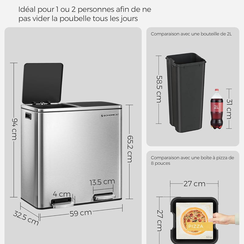 SONGMICS Poubelle à Double Compartiment 2 x 30L, avec 15 Sacs Poubelles, Pédales en Métal, 2 Seaux Intérieurs en Plastique, Couvercles, Poignées, Fermeture en Douceur, Argent et Noir LTB60NL