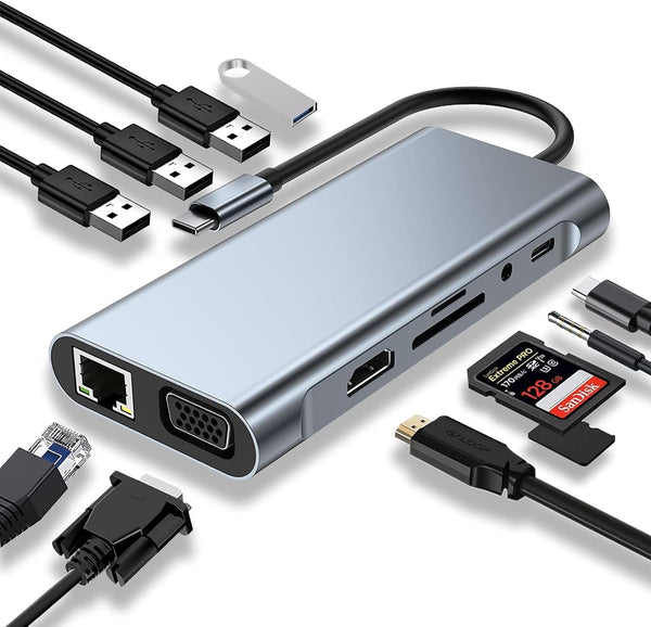 HUB USB C, Adaptateur USB C 11 en 1 avec 4K-HDMI, VGA, USB 3.0, Type C PD, Ethernet RJ45, Lecteur de Carte SD/TF, AUX 3,5 mm, Compatible avec MacBook Pro/Air, Plus Type C Dispositifs
