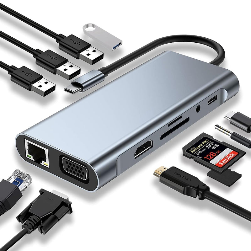 HUB USB C, Adaptateur USB C 11 en 1 avec 4K-HDMI, VGA, USB 3.0, Type C PD, Ethernet RJ45, Lecteur de Carte SD/TF, AUX 3,5 mm, Compatible avec MacBook Pro/Air, Plus Type C Dispositifs