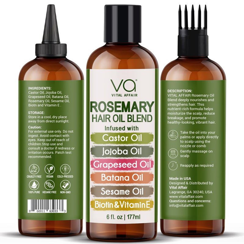 Blend Of Pure Rosemary Oil For Hair Growth With Castor, Batana, Jojoba Oil-Infused With Biotin & Vitamin E-Blend of Effective Hair Oils for Hair Growth-Strengthening Treatment 6 Fl Oz
