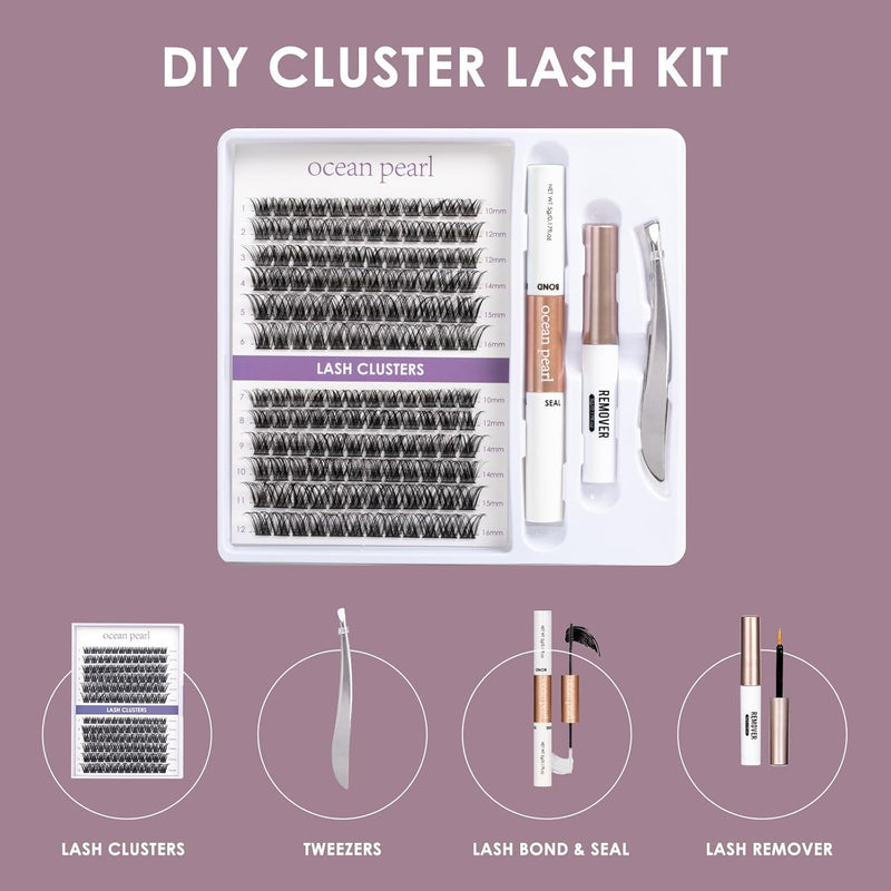 Ocean Pearl Cluster Lashes 144PCS Eyelashes 10-16mm Lash Clusters Fluffy Eyelash Extension Cluster Lashes Kit Individual Eyelash Lash Extensions Kit with Super Bond+Seal+Remover+Tweezer-DM01