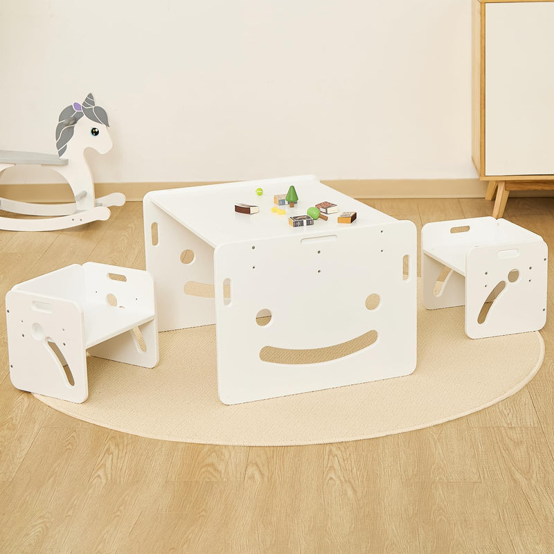 FUNLIO 2-in-1 Activity Table and 2 Chairs Solid Wood for Children 3+, Height Adjustable Game Table with 450 Blocks and Storage, Table and Chairs for Playing/Learning, CPC and CE Certified