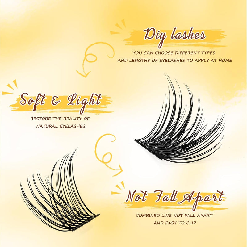 Individual-Lashes 144 Cluster-Lashes QUEWEL DIY Eyelash-Extensions-Kit, Clusters Eyelash Applicator, Cluster Lashes Bond and Seal Super Hold, Clusters Lash Glue Remover Easy to Remove(QU-RR-DH-01)