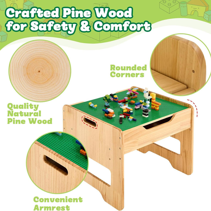 FUNLIO 2-in-1 Activity Table and 2 Chairs Solid Wood for Children 3+, Height Adjustable Game Table with 450 Blocks and Storage, Table and Chairs for Playing/Learning, CPC and CE Certified