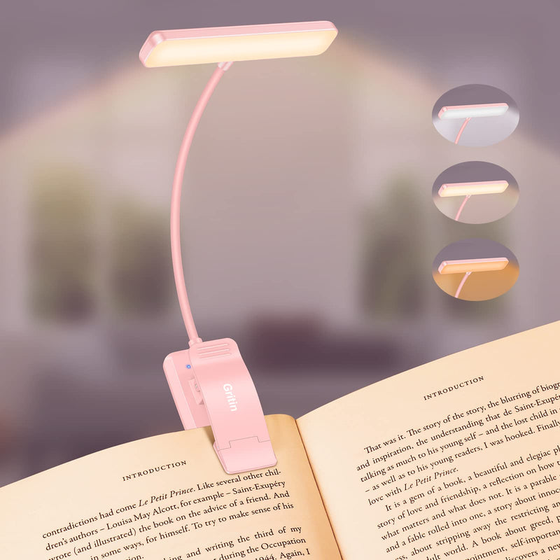 Gritin Lampe de Lecture 19 LED, Liseuse Clip Rechargeable, Protection des Yeux, Gradation en Continu & 3 Couleurs (Ambre/Blanc/Mixte), 360° Cou Flexible, Longue Durée, Portable pour Lire au Lit
