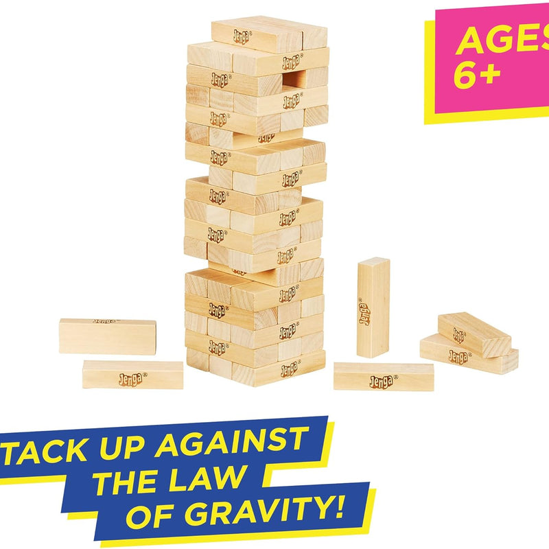 Hasbro Gaming Jenga, Jeu de société en Bois, Jeu de Voyage pour Enfant et familles, Version française, Jeux d'été, Idées Cadeaux d'anniversaire, À partir de 6 Ans