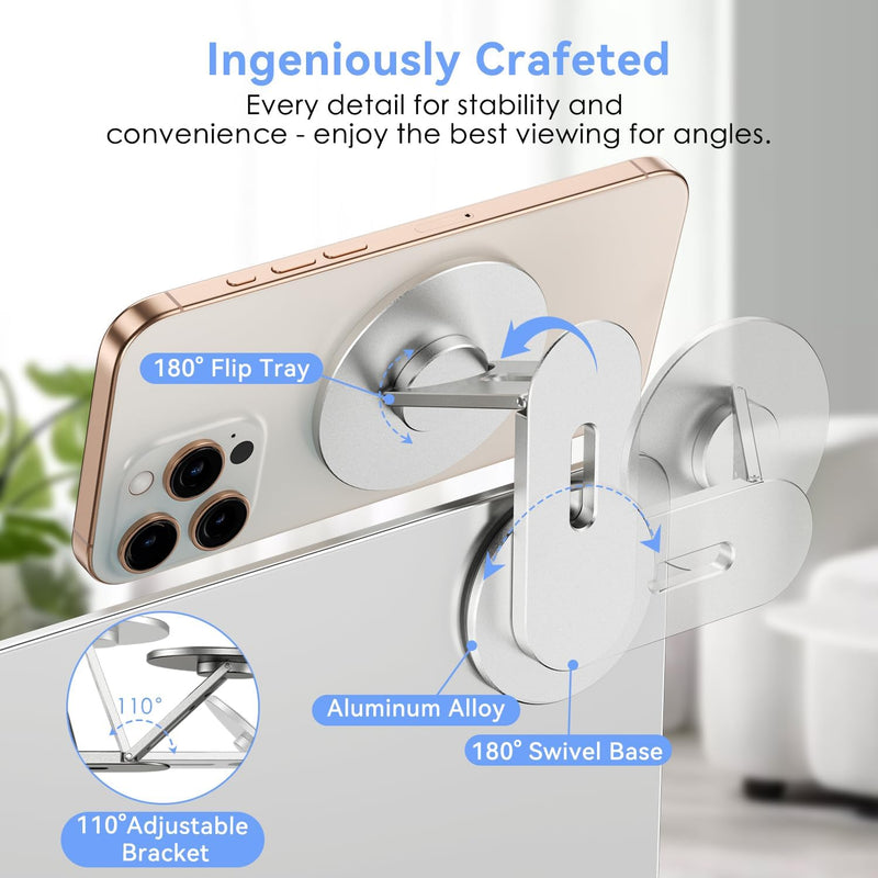 CloudValley Support Téléphone Magnétique pour Ordinateur Portable, Caméra de Continuité 3D Réglable pour iPhone Mag et Tous Les Téléphones, Holder Oliable pour Tesla, PC et Moniteur de Gym, Argent