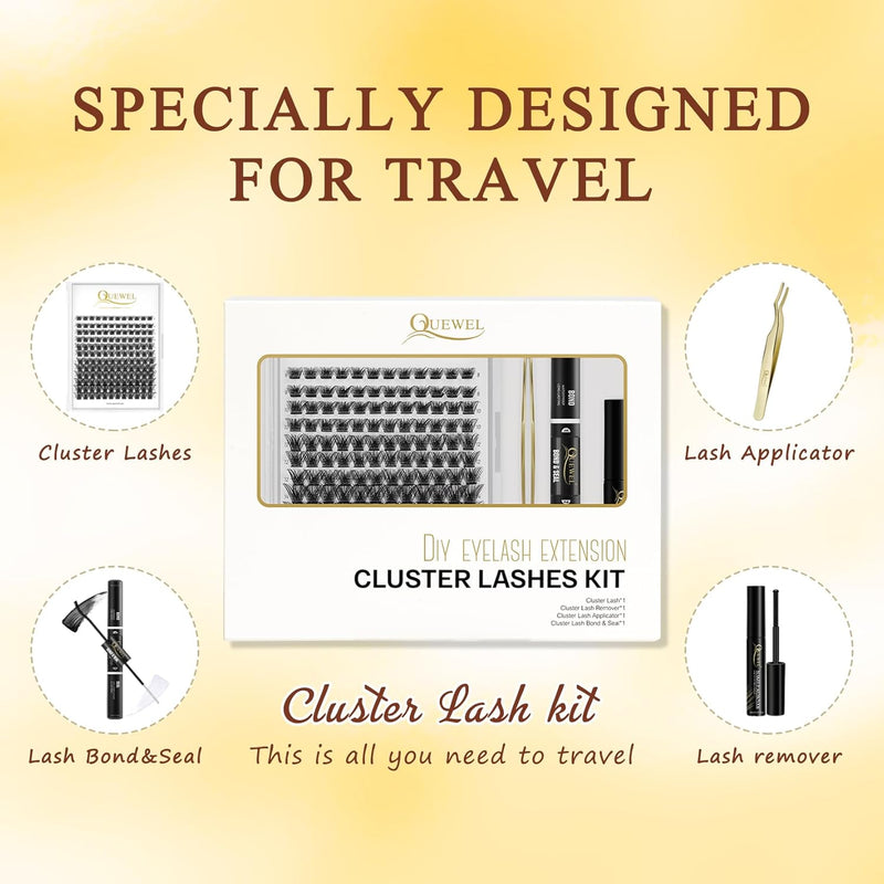 Individual-Lashes 144 Cluster-Lashes QUEWEL DIY Eyelash-Extensions-Kit, Clusters Eyelash Applicator, Cluster Lashes Bond and Seal Super Hold, Clusters Lash Glue Remover Easy to Remove(QU-RR-DH-01)