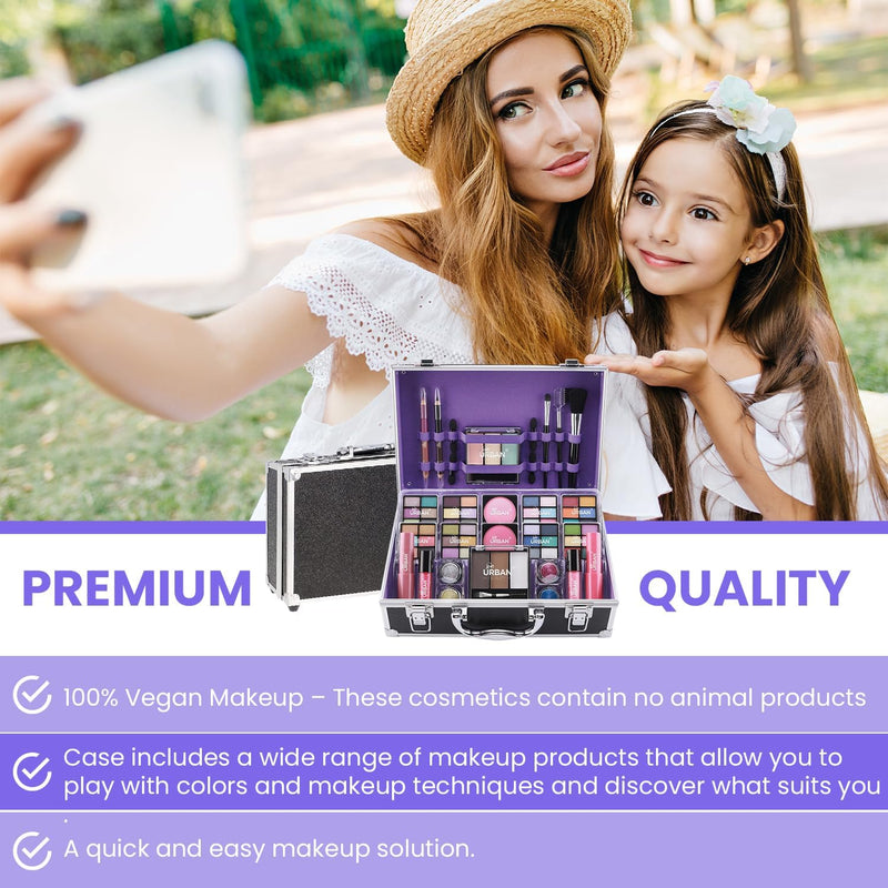 Bliss Beauty Case with Vegan Makeup Products - Beauty Case with Eyeshadow, Blush, Lipstick, Wax and Powder for Eyebrows, Brushes - Makeup Case Organizer with Aluminium Frame
