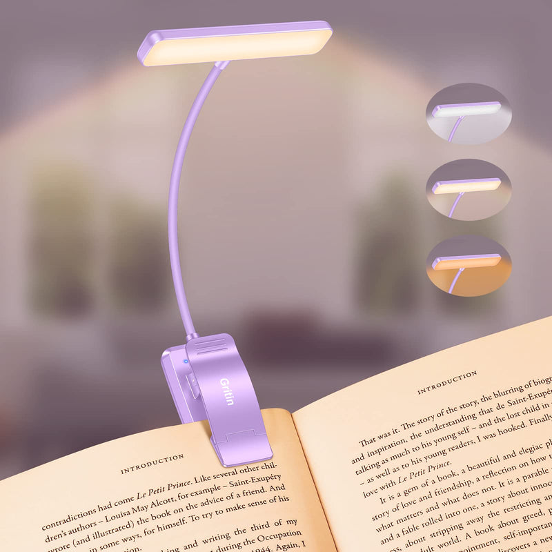 Gritin Lampe de Lecture 19 LED, Liseuse Clip Rechargeable, Protection des Yeux, Gradation en Continu & 3 Couleurs (Ambre/Blanc/Mixte), 360° Cou Flexible, Longue Durée, Portable pour Lire au Lit