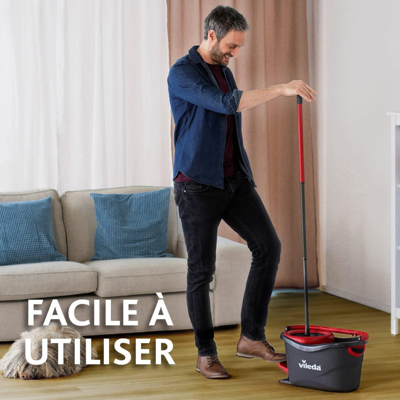 Vileda Turbo Broom with Pedal Bucket, Telescopic Handle 85-130 cm, Mop with Rotary Spinner, Microfibre Fringes 2-in-1, Broom and Pedal Bucket Grey