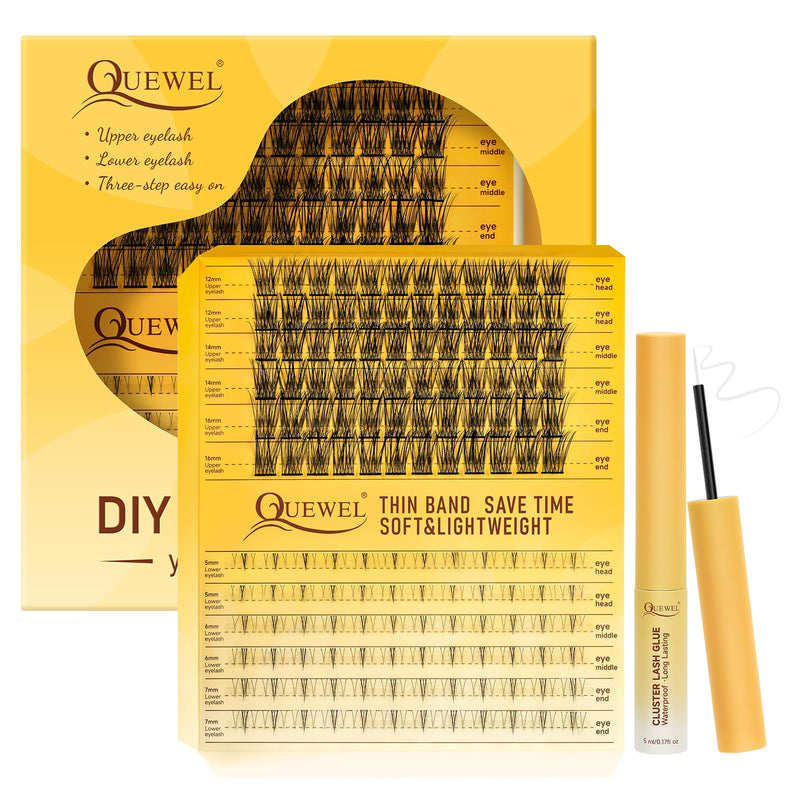 Individual-Lashes 144 Cluster-Lashes QUEWEL DIY Eyelash-Extensions-Kit, Clusters Eyelash Applicator, Cluster Lashes Bond and Seal Super Hold, Clusters Lash Glue Remover Easy to Remove(QU-RR-DH-01)