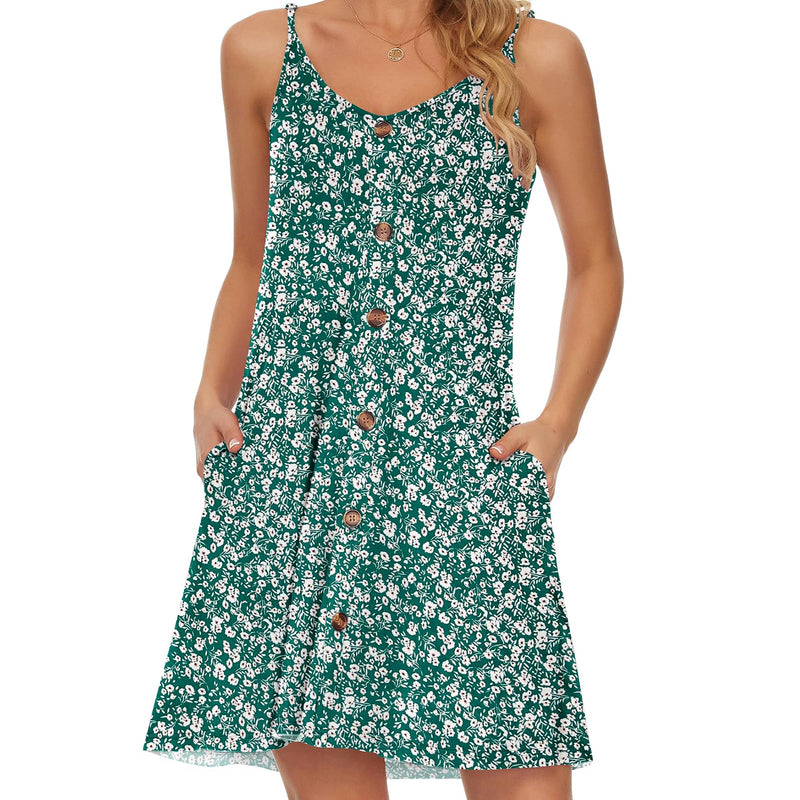 WNEEDU Robe D'été Femme Bretelles Spaghetti de Plage Robes Décontractée Courte Col en V avec Poches