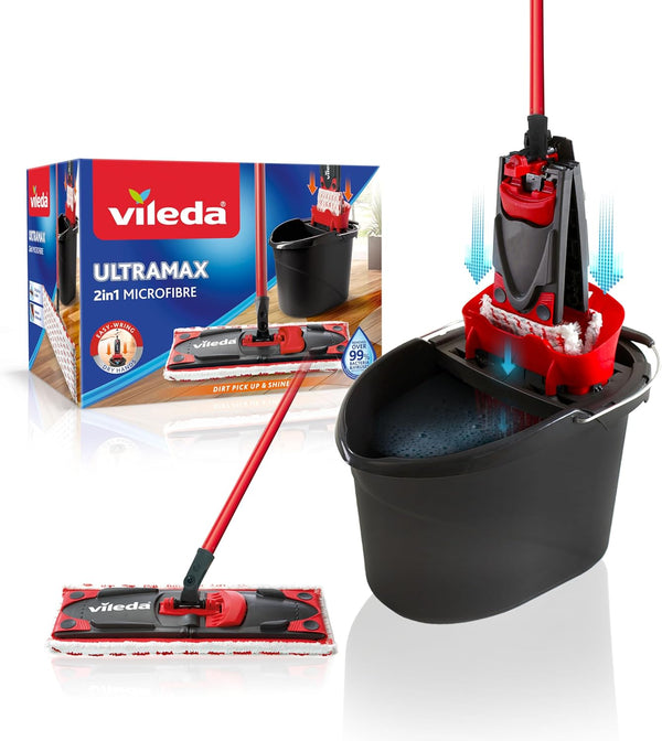 Vileda Utramax Complete Mop and Bucket Set with Mop and Wringer Set with Bucket and Microfibre Cover, Removes Over 99% of Bacteria with Water, Vileda Love It Clean
