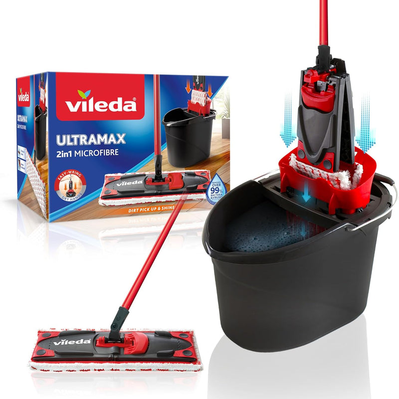 Vileda Utramax Complete Mop and Bucket Set with Mop and Wringer Set with Bucket and Microfibre Cover, Removes Over 99% of Bacteria with Water, Vileda Love It Clean