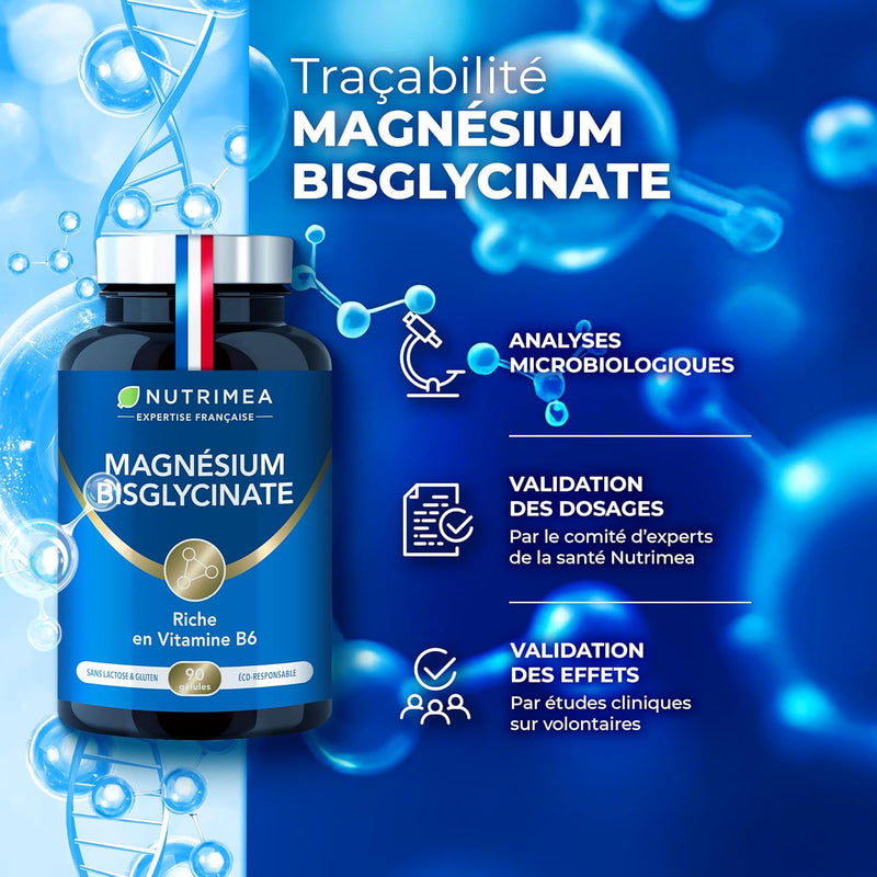 Magnésium Bisglycinate + Vitamine B6 - Sommeil, Stress, Fatigue - Absorption Maximale & Assimilation Facilitée - 90 Gélules Vegan - Nutrimea - Fabriqué en France