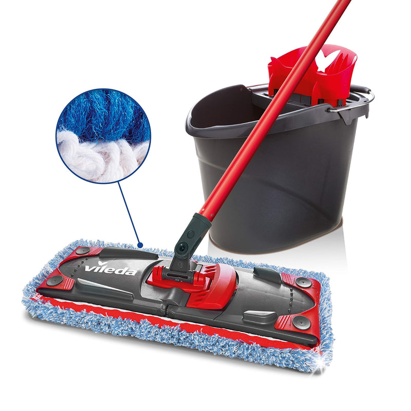 Vileda Utramax Complete Mop and Bucket Set with Mop and Wringer Set with Bucket and Microfibre Cover, Removes Over 99% of Bacteria with Water, Vileda Love It Clean