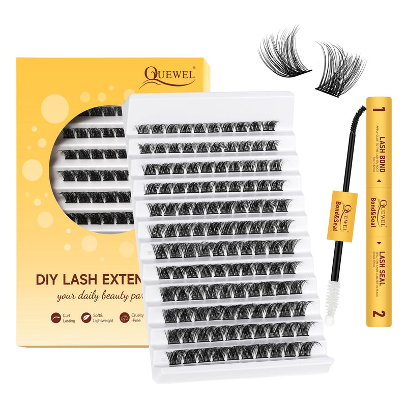 Individual-Lashes 144 Cluster-Lashes QUEWEL DIY Eyelash-Extensions-Kit, Clusters Eyelash Applicator, Cluster Lashes Bond and Seal Super Hold, Clusters Lash Glue Remover Easy to Remove(QU-RR-DH-01)