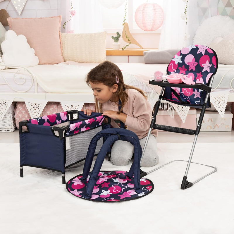 Bayer Design 61769AB 9-in-1 Set for Dolls with High Chair, Bag, Plate with Cutlery and Tumbler, Play Mat, Travel Bed, Doll Accessories, Blue Pink Stars