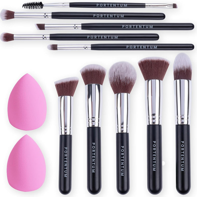 PORTENTUM Make up Brushes 12Pcs Makeup Kit, Premium Synthetic Kabuki Foundation Face Powder Concealers Eyeshadow Blush Brushes Make up Brushes Set