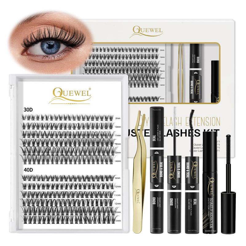 Individual-Lashes 144 Cluster-Lashes QUEWEL DIY Eyelash-Extensions-Kit, Clusters Eyelash Applicator, Cluster Lashes Bond and Seal Super Hold, Clusters Lash Glue Remover Easy to Remove(QU-RR-DH-01)