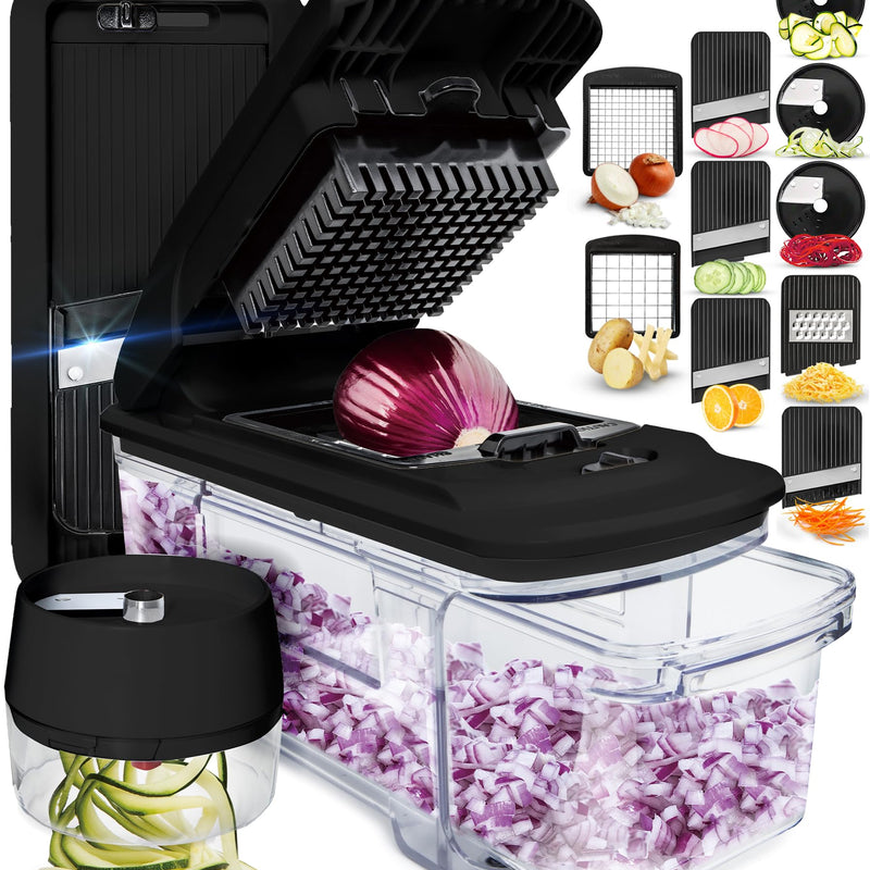 Multifunctional Vegetable Slicer and Professional Kitchen Mandolin Slicer - Vegetable Slicer - Cubes Onion Carrot, Cucumber, Tomatoes - Vegetable and Cheese Grater (Compact 6-in-1 White)