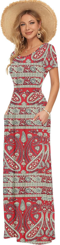 AUSELILY Femmes Maxi Robe Madame Manches Courtes été Casual Longue Robe avec Poches