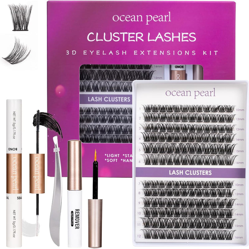 Ocean Pearl Cluster Lashes 144PCS Eyelashes 10-16mm Lash Clusters Fluffy Eyelash Extension Cluster Lashes Kit Individual Eyelash Lash Extensions Kit with Super Bond+Seal+Remover+Tweezer-DM01