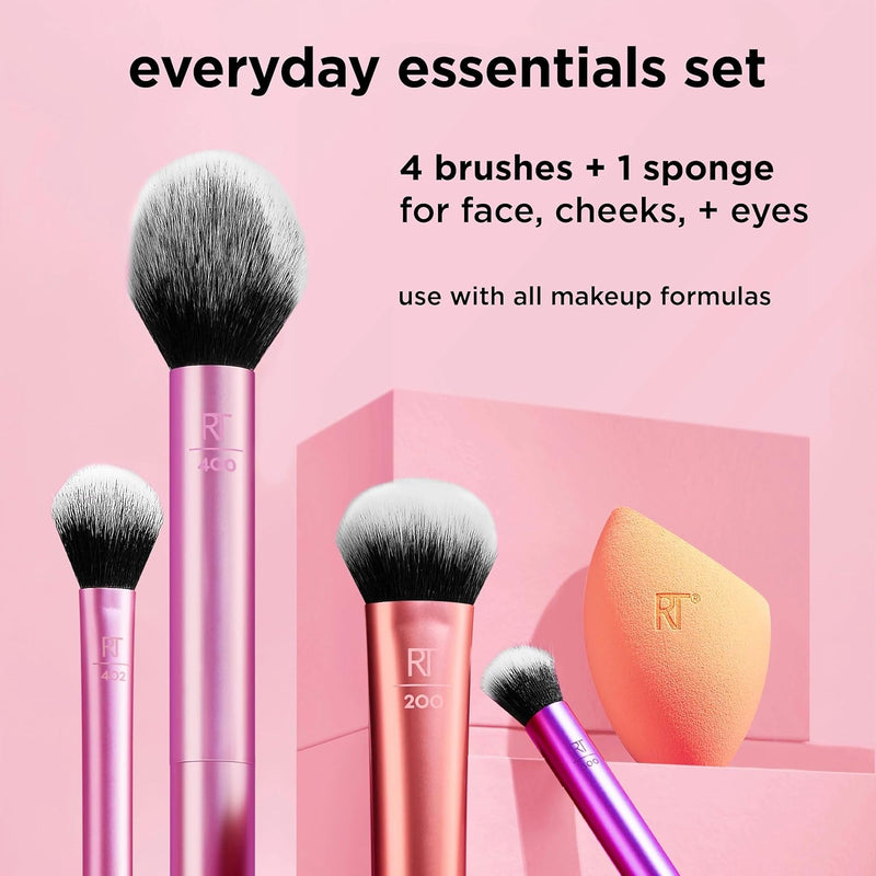REAL TECHNIQUES,5 Count (Pack of 1) Everyday Essentials Makeup Brush Complete Face Set (Miracle Complexion Sponge, Expert Face, Blush, Setting and Deluxe Crease Brushes)